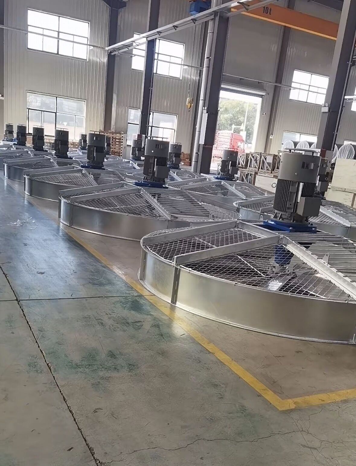 Cooling tower fan production workshop with industrial components